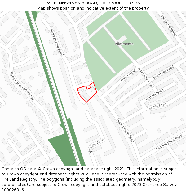 69, PENNSYLVANIA ROAD, LIVERPOOL, L13 9BA: Location map and indicative extent of plot