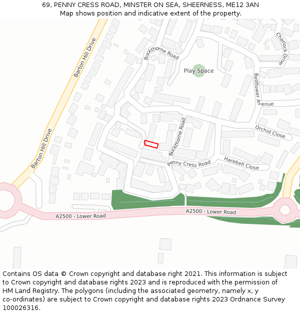 69, PENNY CRESS ROAD, MINSTER ON SEA, SHEERNESS, ME12 3AN: Location map and indicative extent of plot