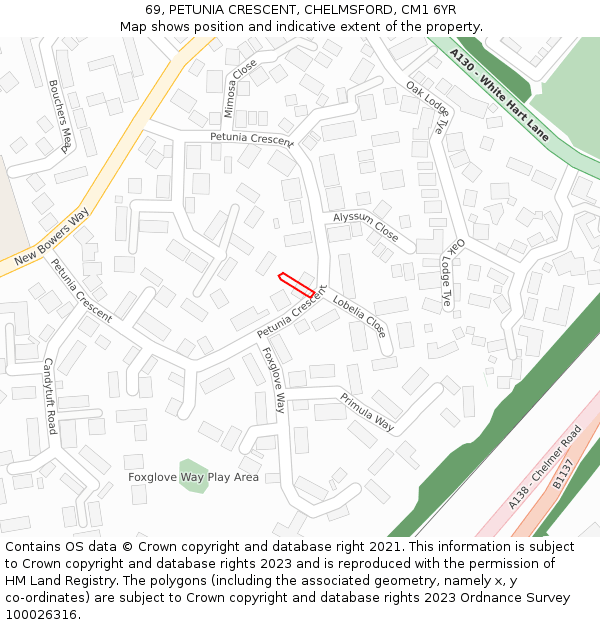 69, PETUNIA CRESCENT, CHELMSFORD, CM1 6YR: Location map and indicative extent of plot