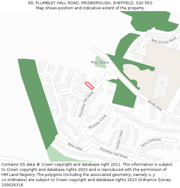 69, PLUMBLEY HALL ROAD, MOSBOROUGH, SHEFFIELD, S20 5EG: Location map and indicative extent of plot