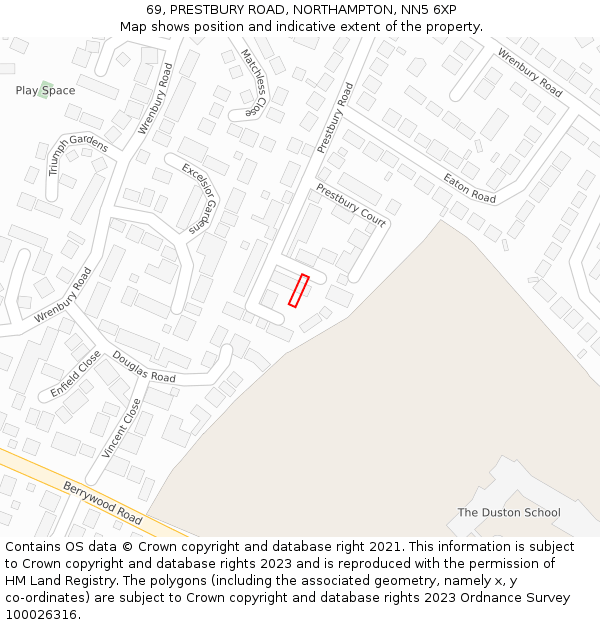 69, PRESTBURY ROAD, NORTHAMPTON, NN5 6XP: Location map and indicative extent of plot