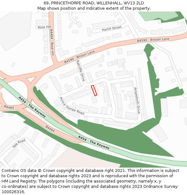69, PRINCETHORPE ROAD, WILLENHALL, WV13 2LD: Location map and indicative extent of plot