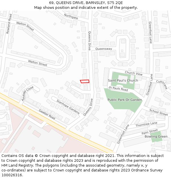 69, QUEENS DRIVE, BARNSLEY, S75 2QE: Location map and indicative extent of plot