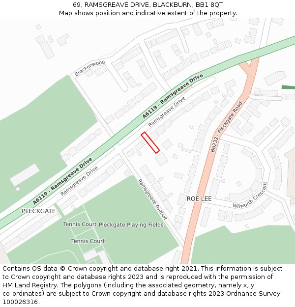 69, RAMSGREAVE DRIVE, BLACKBURN, BB1 8QT: Location map and indicative extent of plot