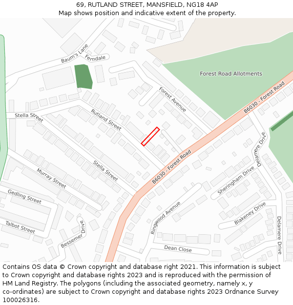 69, RUTLAND STREET, MANSFIELD, NG18 4AP: Location map and indicative extent of plot