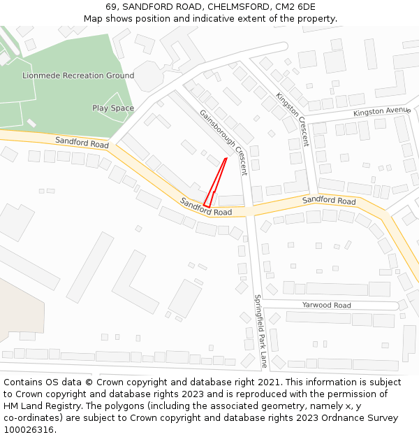 69, SANDFORD ROAD, CHELMSFORD, CM2 6DE: Location map and indicative extent of plot