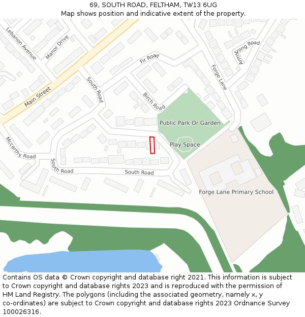 69, SOUTH ROAD, FELTHAM, TW13 6UG: Location map and indicative extent of plot