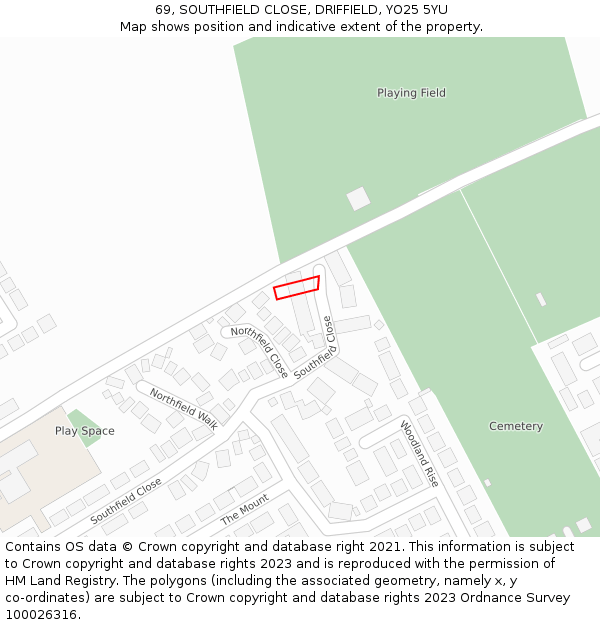 69, SOUTHFIELD CLOSE, DRIFFIELD, YO25 5YU: Location map and indicative extent of plot