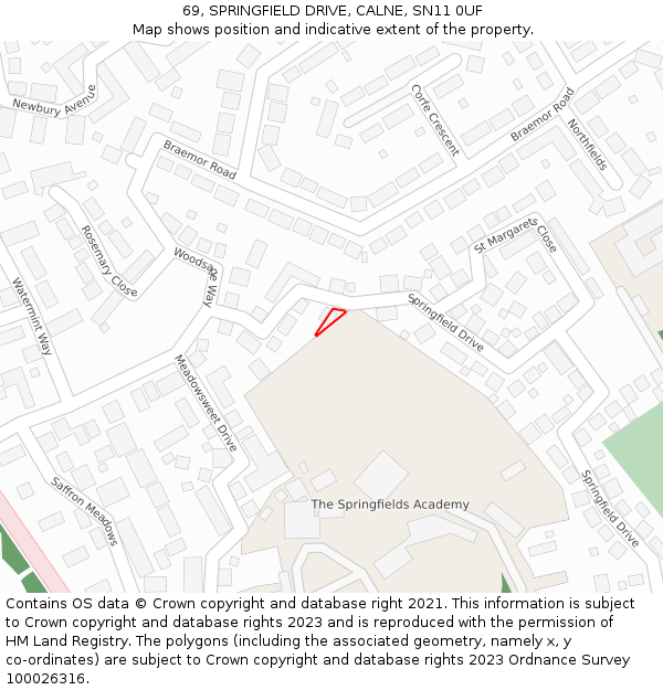 69, SPRINGFIELD DRIVE, CALNE, SN11 0UF: Location map and indicative extent of plot