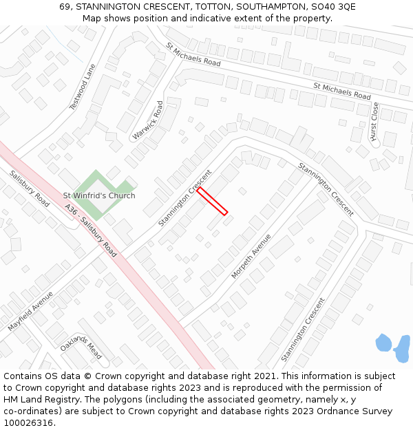 69, STANNINGTON CRESCENT, TOTTON, SOUTHAMPTON, SO40 3QE: Location map and indicative extent of plot