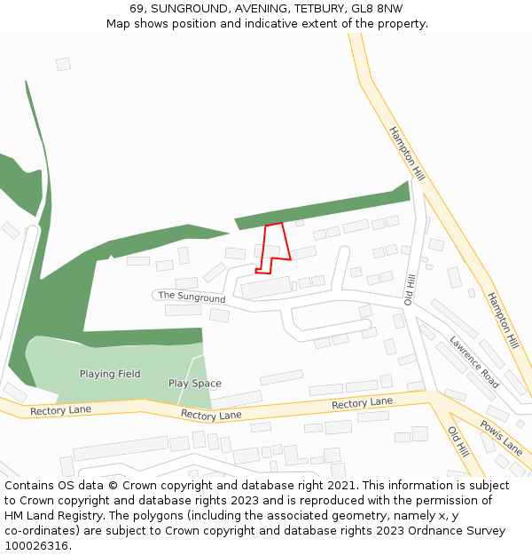 69, SUNGROUND, AVENING, TETBURY, GL8 8NW: Location map and indicative extent of plot