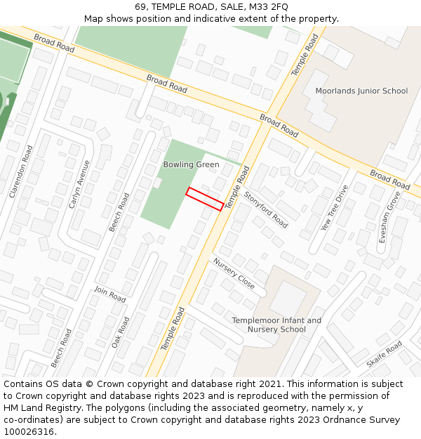 69, TEMPLE ROAD, SALE, M33 2FQ: Location map and indicative extent of plot