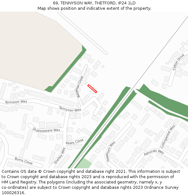 69, TENNYSON WAY, THETFORD, IP24 1LD: Location map and indicative extent of plot