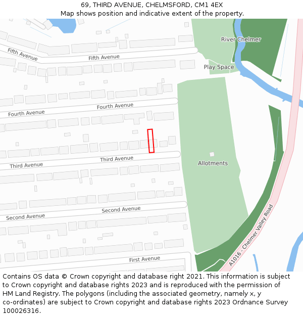 69, THIRD AVENUE, CHELMSFORD, CM1 4EX: Location map and indicative extent of plot