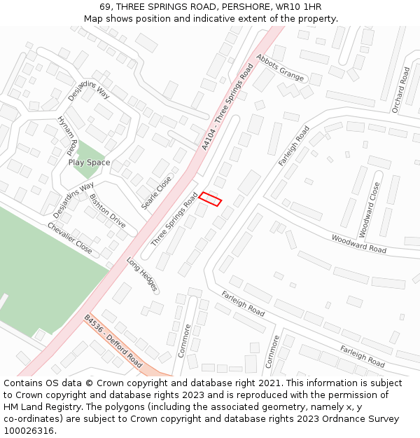 69, THREE SPRINGS ROAD, PERSHORE, WR10 1HR: Location map and indicative extent of plot
