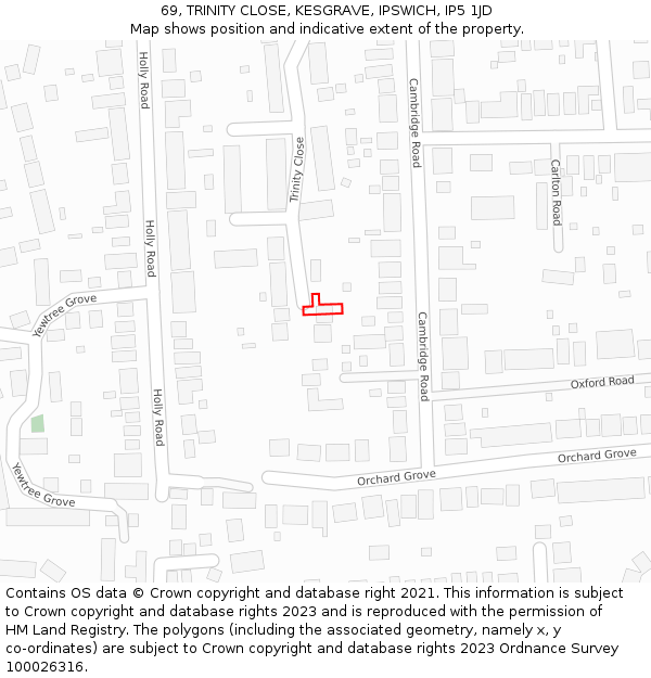 69, TRINITY CLOSE, KESGRAVE, IPSWICH, IP5 1JD: Location map and indicative extent of plot