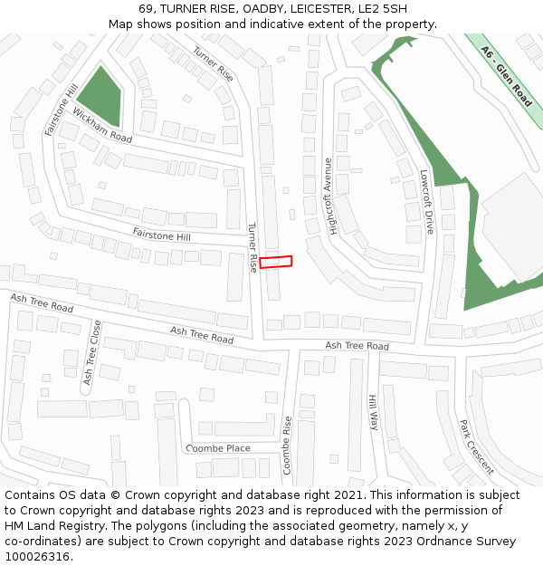 69, TURNER RISE, OADBY, LEICESTER, LE2 5SH: Location map and indicative extent of plot