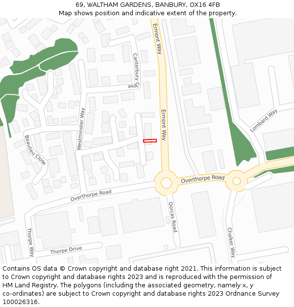 69, WALTHAM GARDENS, BANBURY, OX16 4FB: Location map and indicative extent of plot