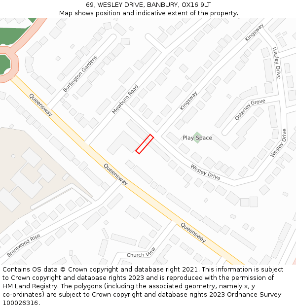 69, WESLEY DRIVE, BANBURY, OX16 9LT: Location map and indicative extent of plot
