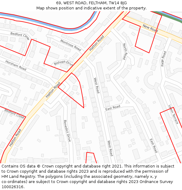 69, WEST ROAD, FELTHAM, TW14 8JG: Location map and indicative extent of plot