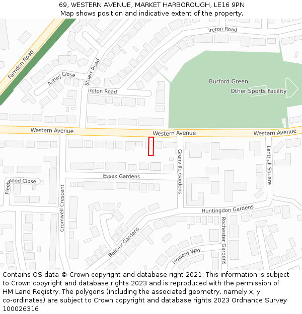 69, WESTERN AVENUE, MARKET HARBOROUGH, LE16 9PN: Location map and indicative extent of plot