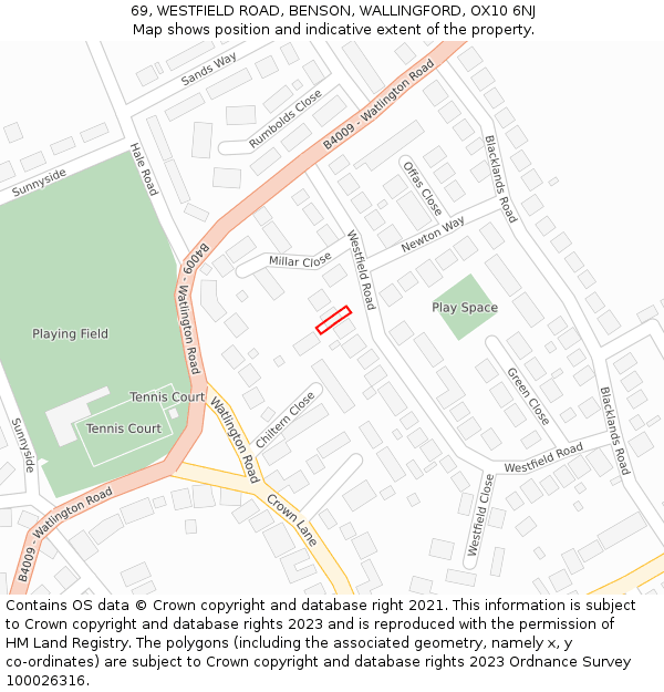 69, WESTFIELD ROAD, BENSON, WALLINGFORD, OX10 6NJ: Location map and indicative extent of plot
