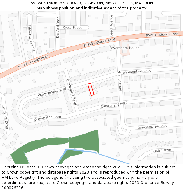 69, WESTMORLAND ROAD, URMSTON, MANCHESTER, M41 9HN: Location map and indicative extent of plot