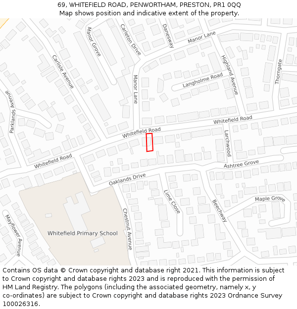 69, WHITEFIELD ROAD, PENWORTHAM, PRESTON, PR1 0QQ: Location map and indicative extent of plot