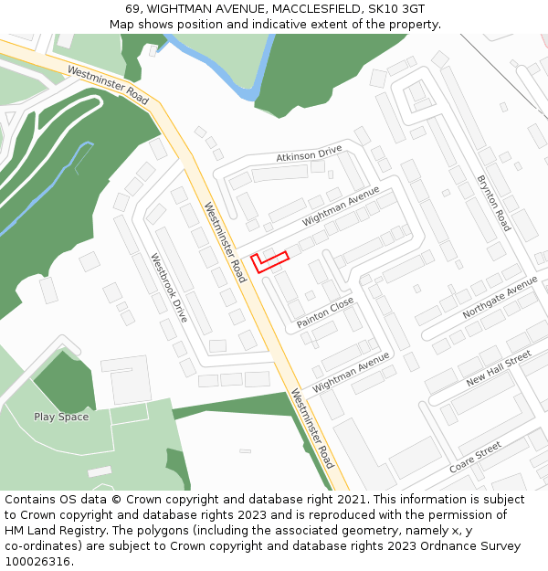 69, WIGHTMAN AVENUE, MACCLESFIELD, SK10 3GT: Location map and indicative extent of plot