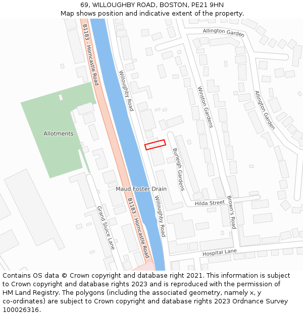 69, WILLOUGHBY ROAD, BOSTON, PE21 9HN: Location map and indicative extent of plot