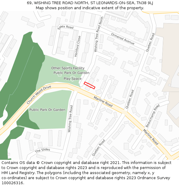 69, WISHING TREE ROAD NORTH, ST LEONARDS-ON-SEA, TN38 9LJ: Location map and indicative extent of plot