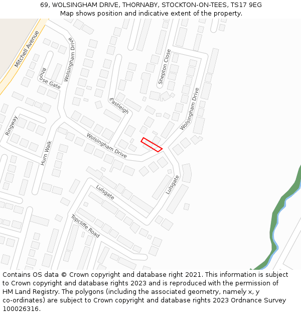 69, WOLSINGHAM DRIVE, THORNABY, STOCKTON-ON-TEES, TS17 9EG: Location map and indicative extent of plot