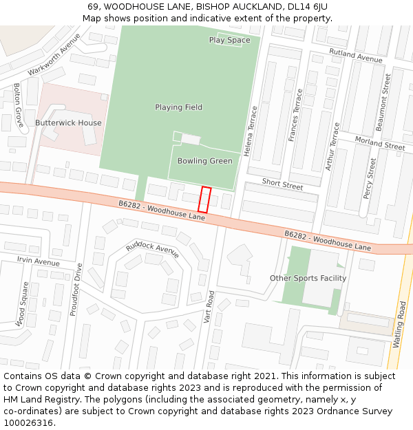 69, WOODHOUSE LANE, BISHOP AUCKLAND, DL14 6JU: Location map and indicative extent of plot