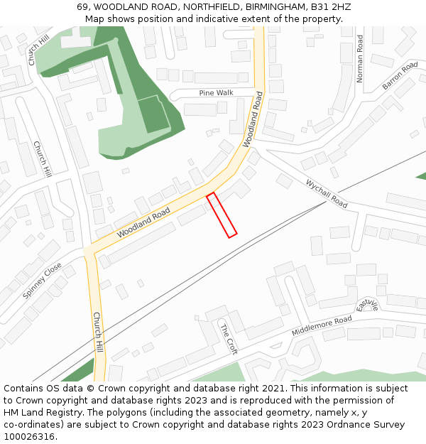 69, WOODLAND ROAD, NORTHFIELD, BIRMINGHAM, B31 2HZ: Location map and indicative extent of plot