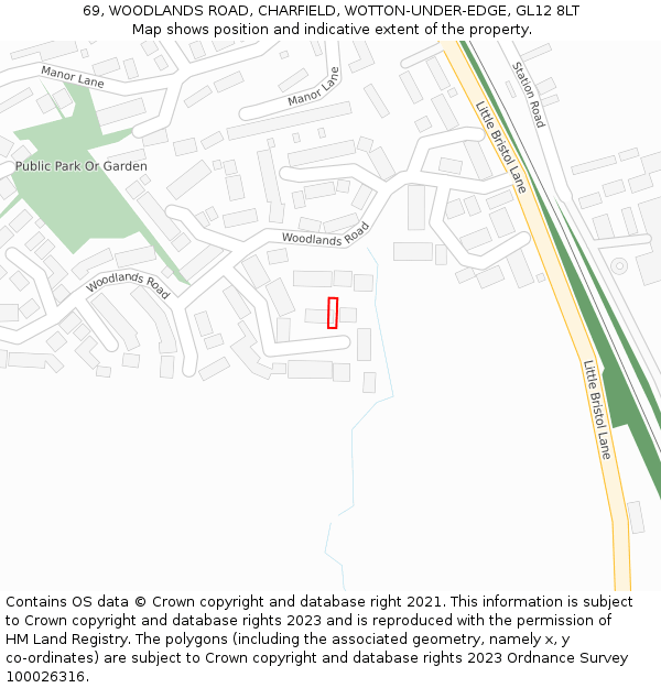 69, WOODLANDS ROAD, CHARFIELD, WOTTON-UNDER-EDGE, GL12 8LT: Location map and indicative extent of plot