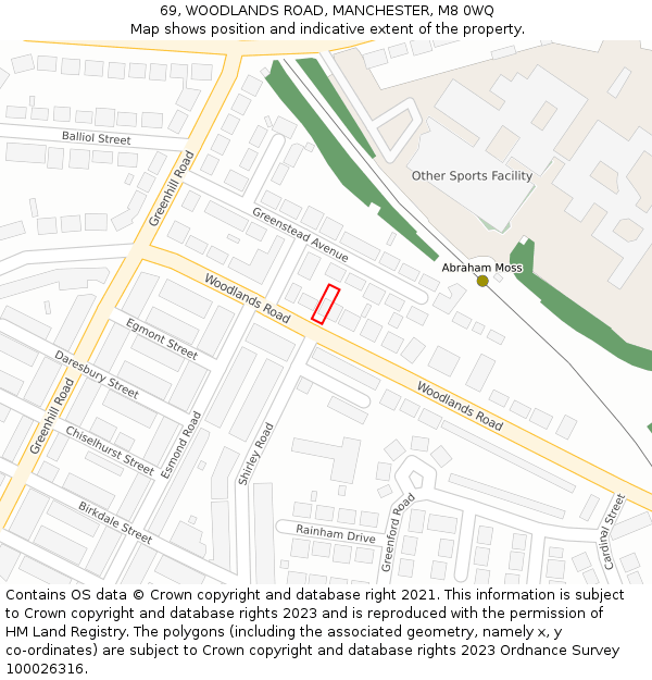 69, WOODLANDS ROAD, MANCHESTER, M8 0WQ: Location map and indicative extent of plot