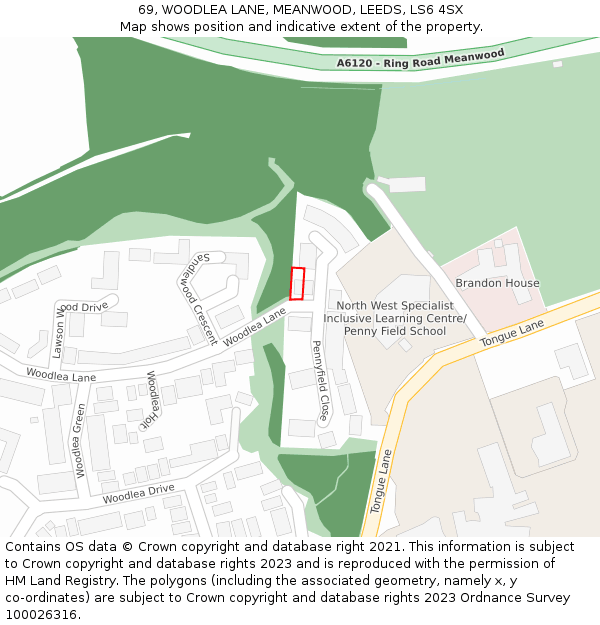 69, WOODLEA LANE, MEANWOOD, LEEDS, LS6 4SX: Location map and indicative extent of plot