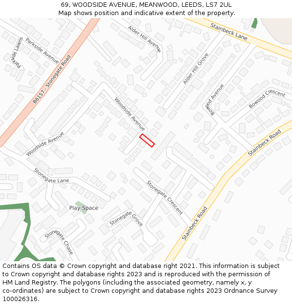 69, WOODSIDE AVENUE, MEANWOOD, LEEDS, LS7 2UL: Location map and indicative extent of plot