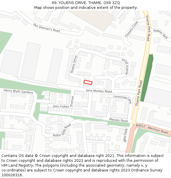 69, YOUENS DRIVE, THAME, OX9 3ZQ: Location map and indicative extent of plot
