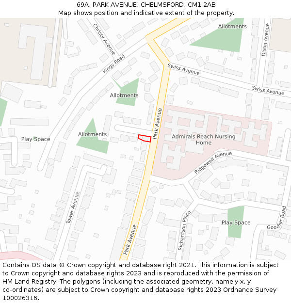 69A, PARK AVENUE, CHELMSFORD, CM1 2AB: Location map and indicative extent of plot