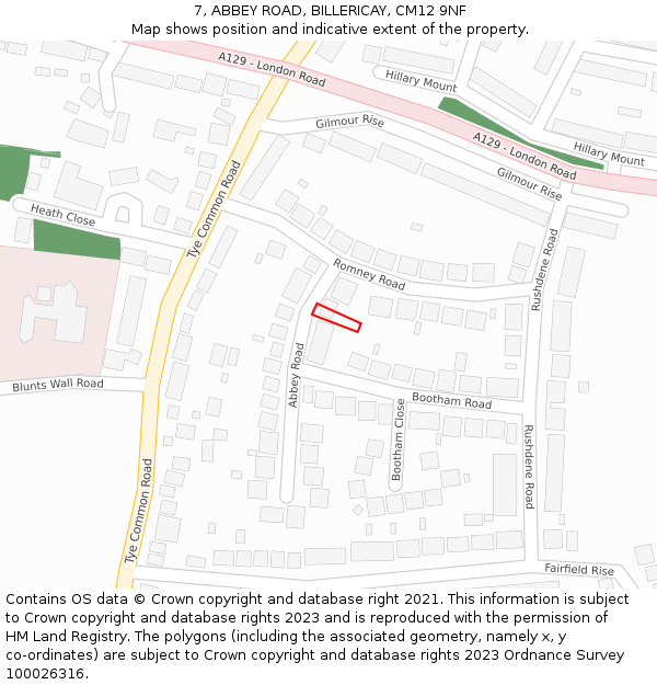 7, ABBEY ROAD, BILLERICAY, CM12 9NF: Location map and indicative extent of plot