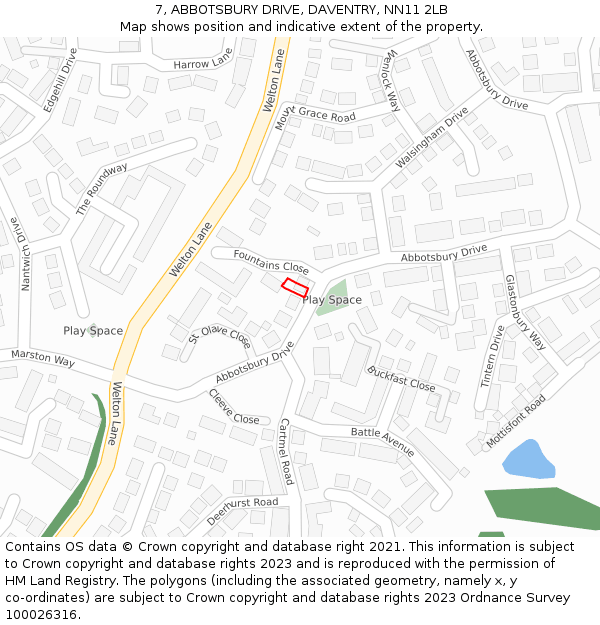 7, ABBOTSBURY DRIVE, DAVENTRY, NN11 2LB: Location map and indicative extent of plot