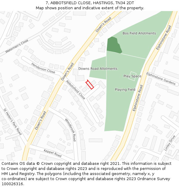 7, ABBOTSFIELD CLOSE, HASTINGS, TN34 2DT: Location map and indicative extent of plot