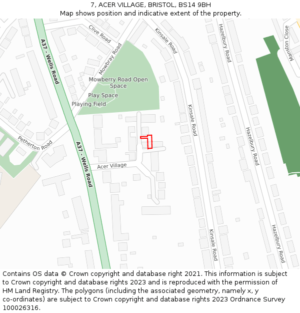 7, ACER VILLAGE, BRISTOL, BS14 9BH: Location map and indicative extent of plot