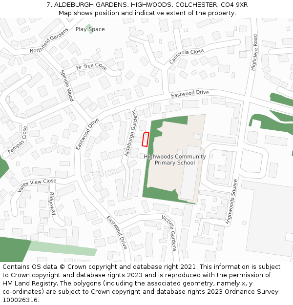 7, ALDEBURGH GARDENS, HIGHWOODS, COLCHESTER, CO4 9XR: Location map and indicative extent of plot