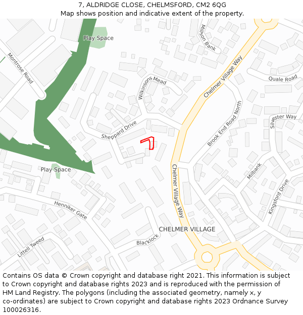7, ALDRIDGE CLOSE, CHELMSFORD, CM2 6QG: Location map and indicative extent of plot