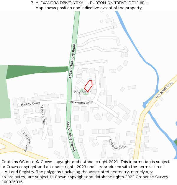 7, ALEXANDRA DRIVE, YOXALL, BURTON-ON-TRENT, DE13 8PL: Location map and indicative extent of plot