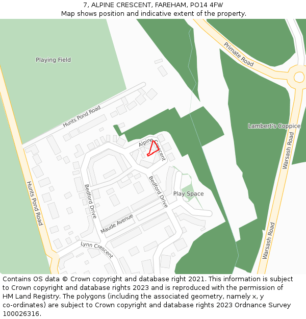 7, ALPINE CRESCENT, FAREHAM, PO14 4FW: Location map and indicative extent of plot