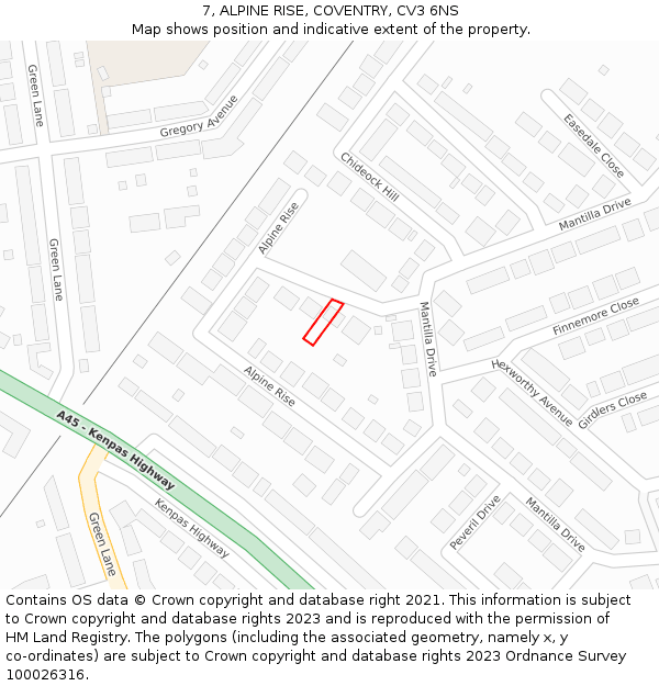 7, ALPINE RISE, COVENTRY, CV3 6NS: Location map and indicative extent of plot