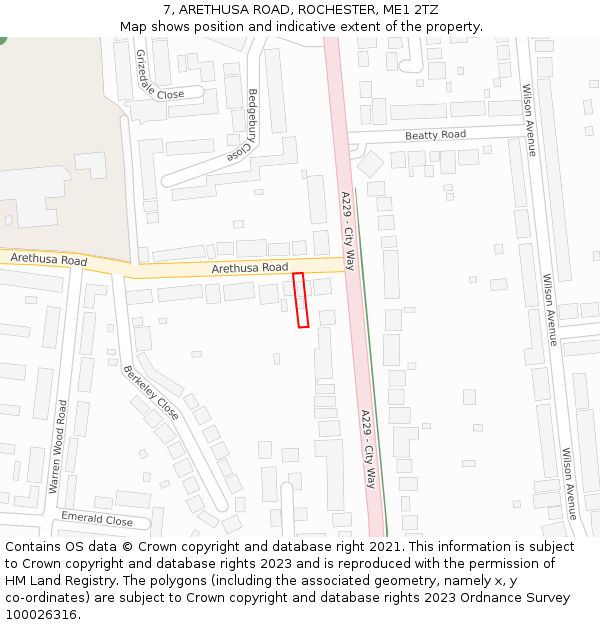 7, ARETHUSA ROAD, ROCHESTER, ME1 2TZ: Location map and indicative extent of plot